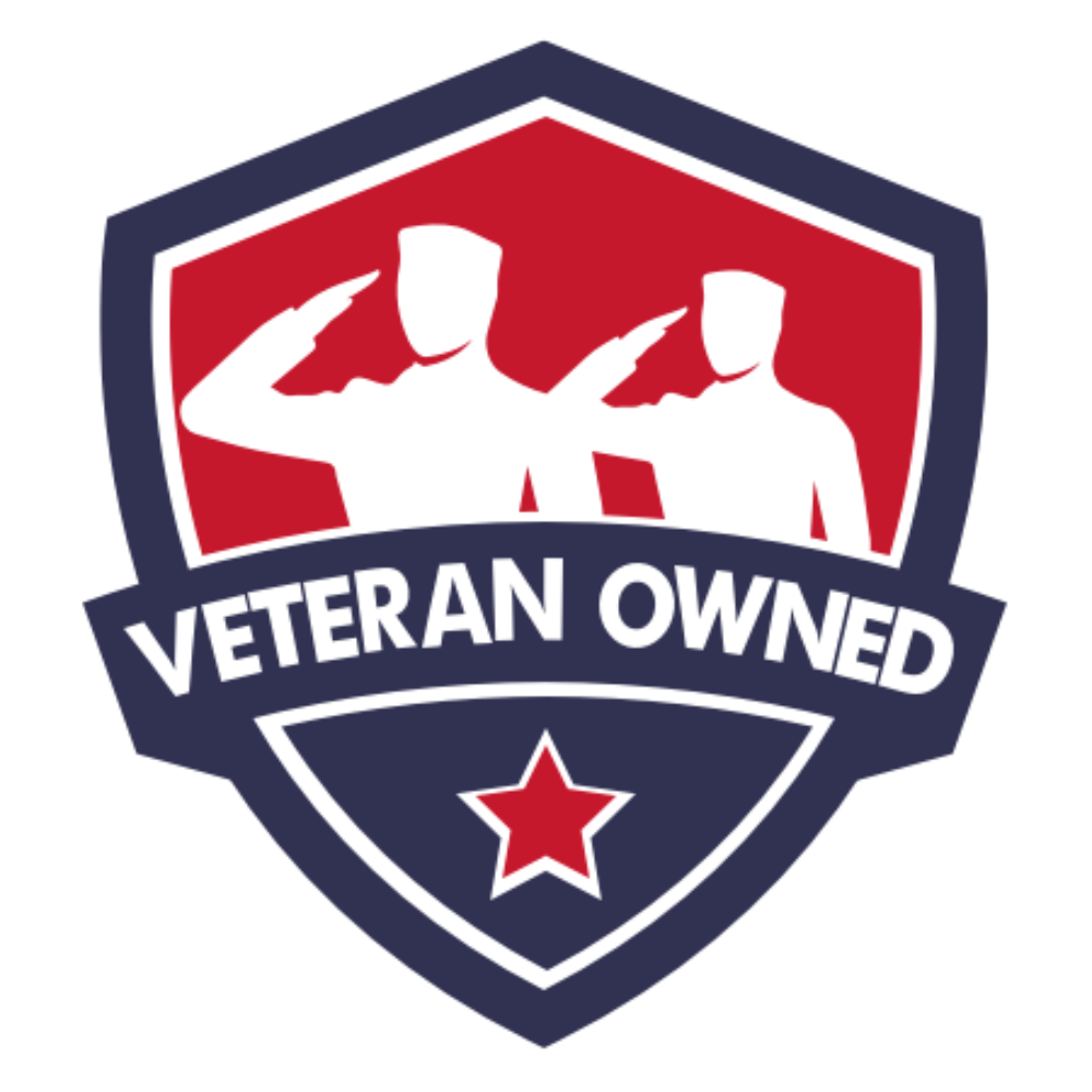 A logo that says veteran owned with two soldiers saluting