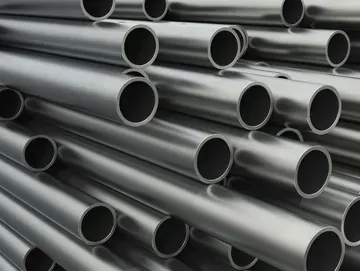 A pile of stainless steel pipes stacked on top of each other.