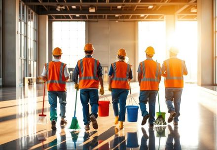 A group of construction workers are cleaning a building.