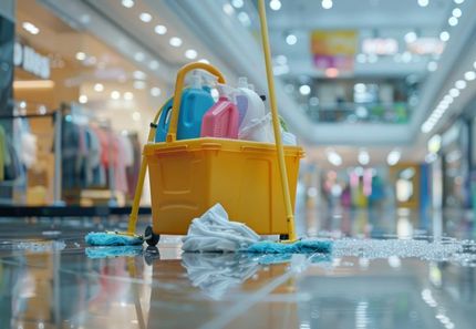 A yellow bucket with cleaning supplies and a mop in a mall.