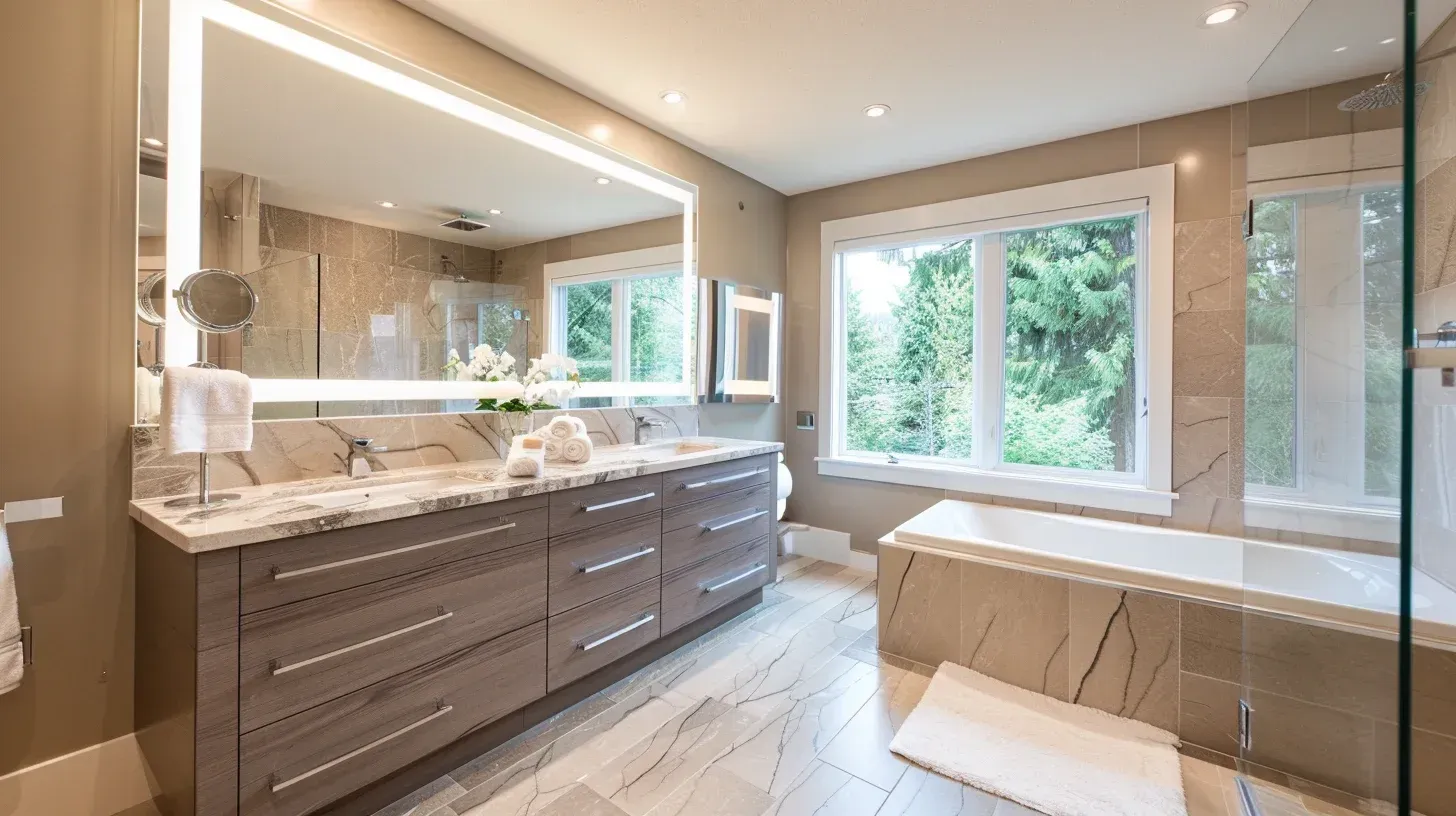 Bathroom renovation contractors Vancouver performing structural reinforcement and subfloor replacement. Waterproof membrane ensures long-term protection. Comprehensive project management provided.
Vancouver luxury bathroom remodel featuring bookmatched porcelain slab shower walls. Double vanity with quartz countertop enhances storage capacity. Completed by award-winning remodeling company.
Bathroom renovation Vancouver BC with compact layout redesign and ergonomic workflow optimization. Floating vanity increases floor visibility. Ideal for apartment and townhouse bathrooms.
Vancouver bathroom remodeling specialists installing heated tile floors and programmable thermostat. Matte black hardware creates modern aesthetic. Built for residential and commercial properties.
High-end bathroom renovation Vancouver showcasing mosaic tile accent and freestanding soaking tub. Recessed lighting highlights architectural details. Delivered by senior-level bathroom remodel experts.