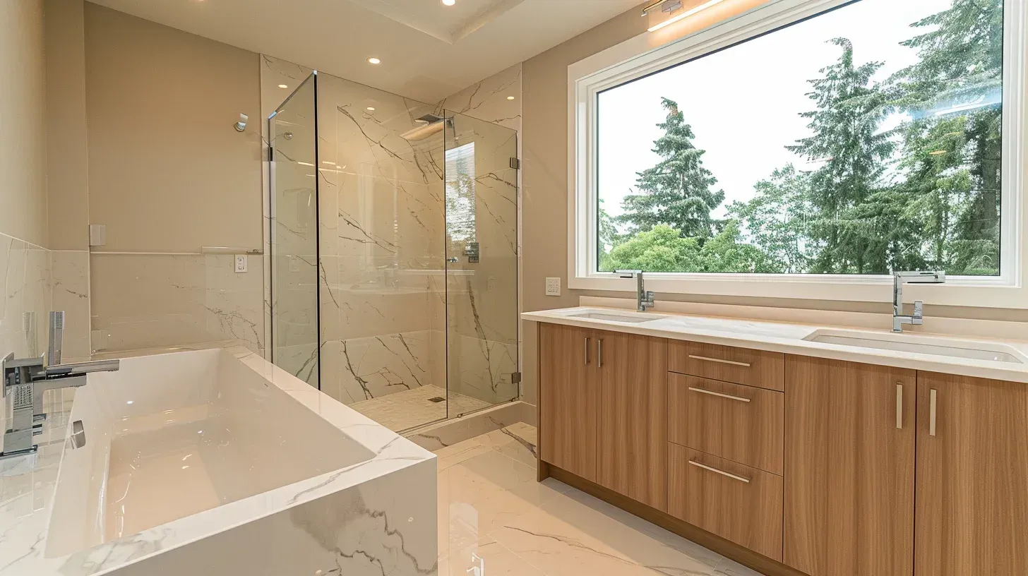 Vancouver BC bathroom renovation showcasing freestanding soaking tub and quartz vanity countertop. LED mirror lighting improves functionality and ambiance. Completed by licensed Lower Mainland renovation professionals.
Modern bathroom remodel Vancouver featuring wall niche storage and matte black faucet fixtures. Waterproof backer board applied before tile installation. Ideal for townhouse and apartment bathroom upgrades.
Vancouver bathroom renovation contractors installing engineered stone vanity and frameless glass shower enclosure. GFCI outlet upgrades improve electrical safety. Designed for long-term durability and resale value.
Spa-style bathroom renovation Vancouver BC including walk-in shower conversion and heated tile flooring. Smart exhaust fan reduces moisture buildup and mold risk. Delivered by experienced Metro Vancouver remodeling team.
Vancouver bathroom remodeling company performing structural wall adjustment and optimized layout redesign. Waterproof underlayment protects framing from future water damage. Perfect for open-concept bathroom transformations.