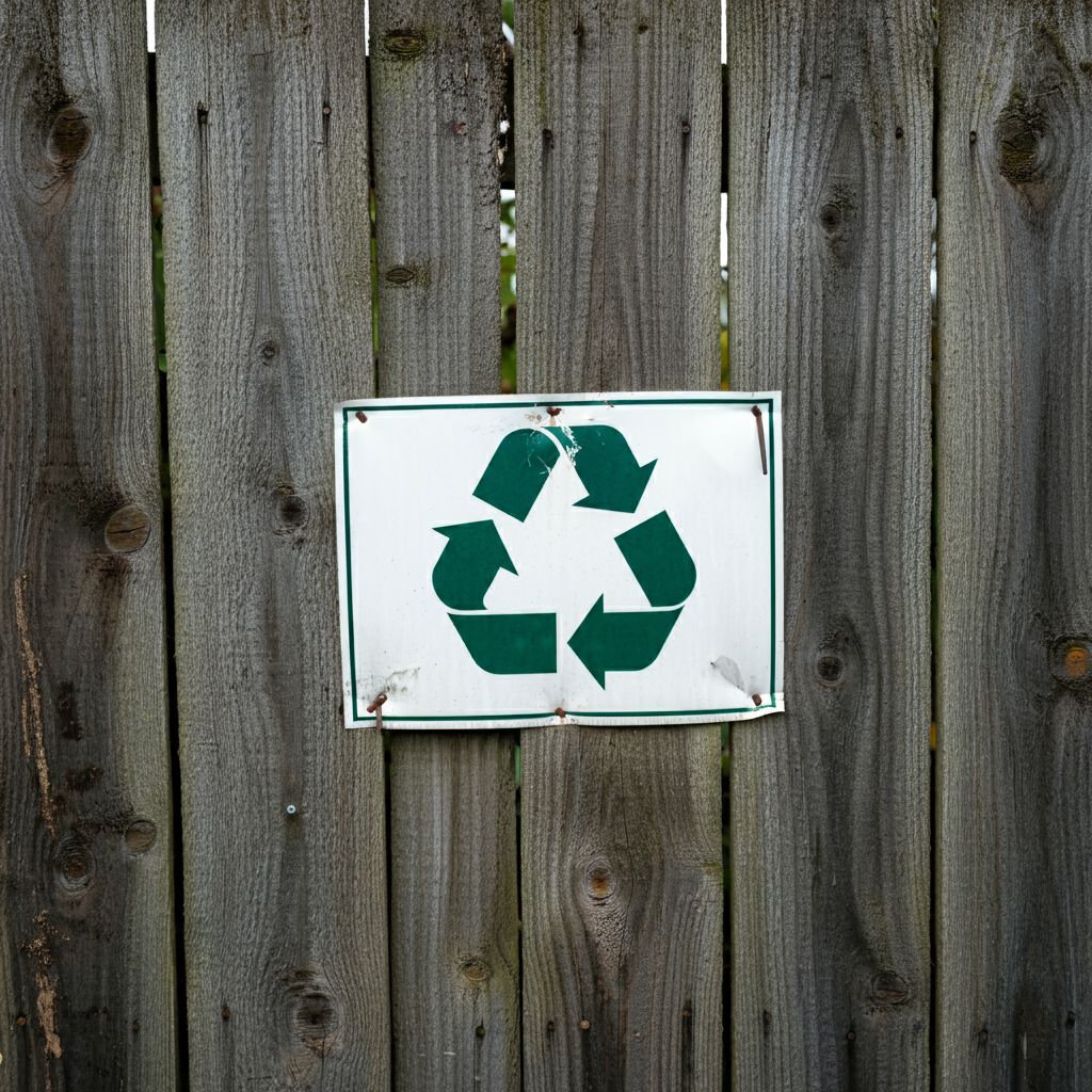 A recycling sign is hanging on a wooden fence
