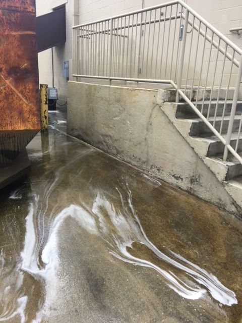 Wet concrete sidewalk with foamy suds near a building's stairs and a large dumpster.