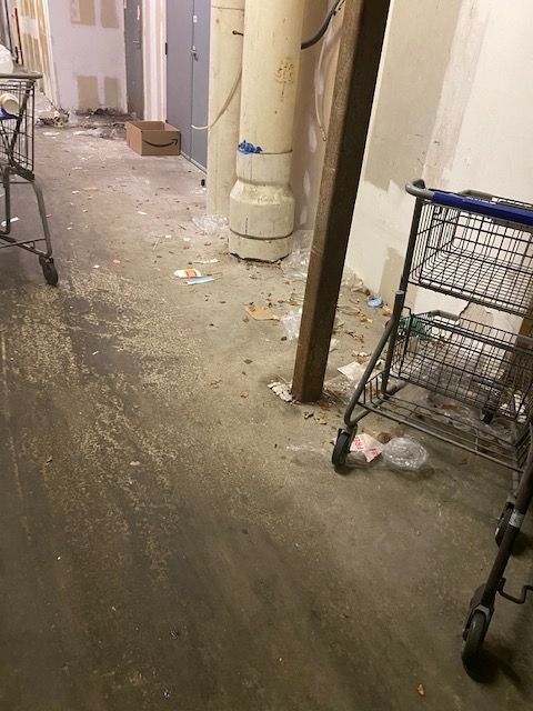 A dirty, cluttered hallway with shopping carts, debris, and exposed structural elements like pipes and a wooden beam.