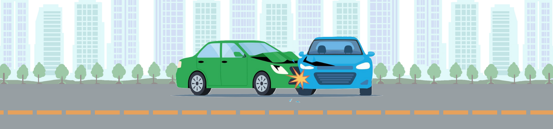 A cartoon image of two cars in a fender bender with a cityscape behind it.