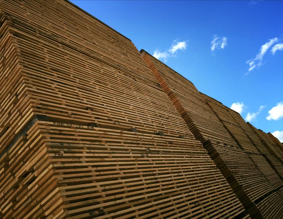 A large stack of wooden boards against a blue sky