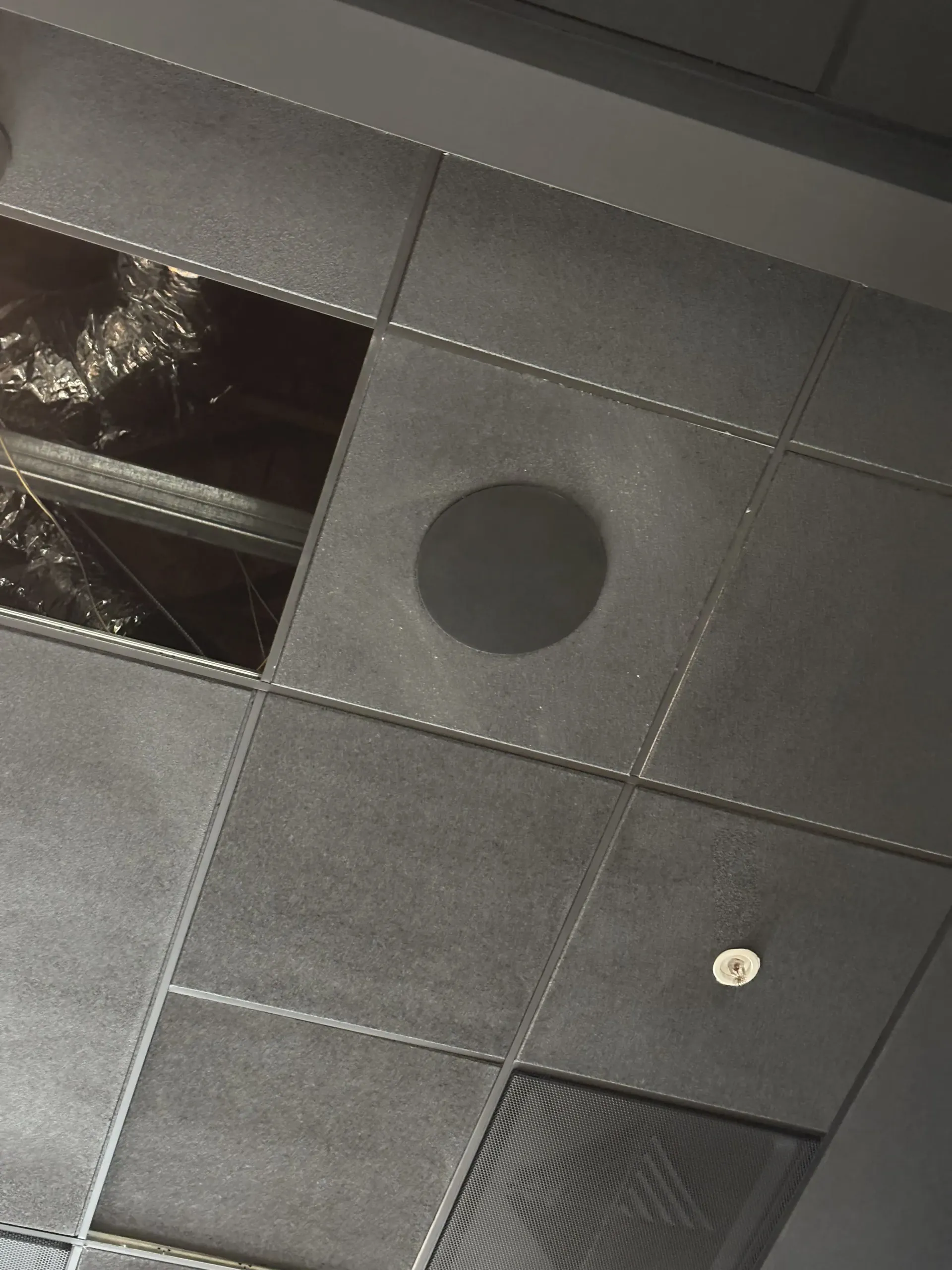A dark gray dropped ceiling with a missing square panel, a circular cutout, and a small speaker or light fixture.