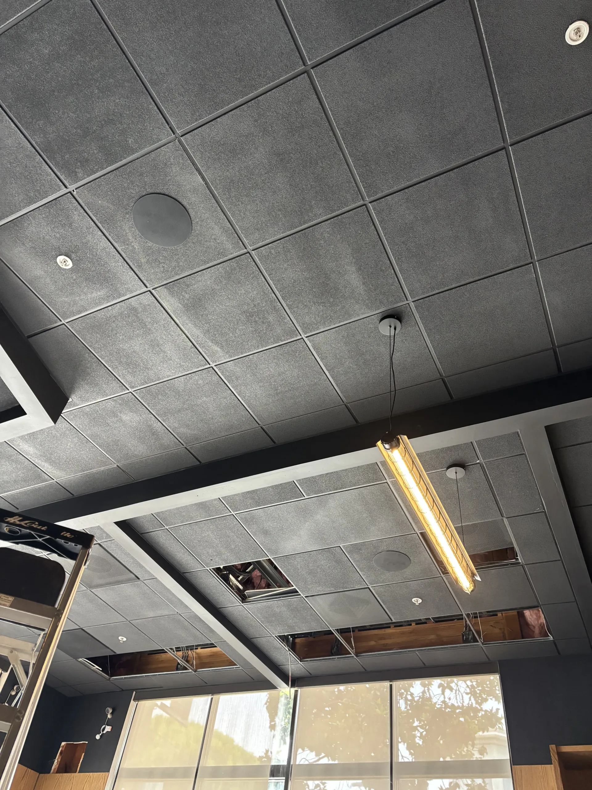 A damaged dark gray acoustic tile ceiling with missing panels, exposing the framework, and a hanging light fixture.