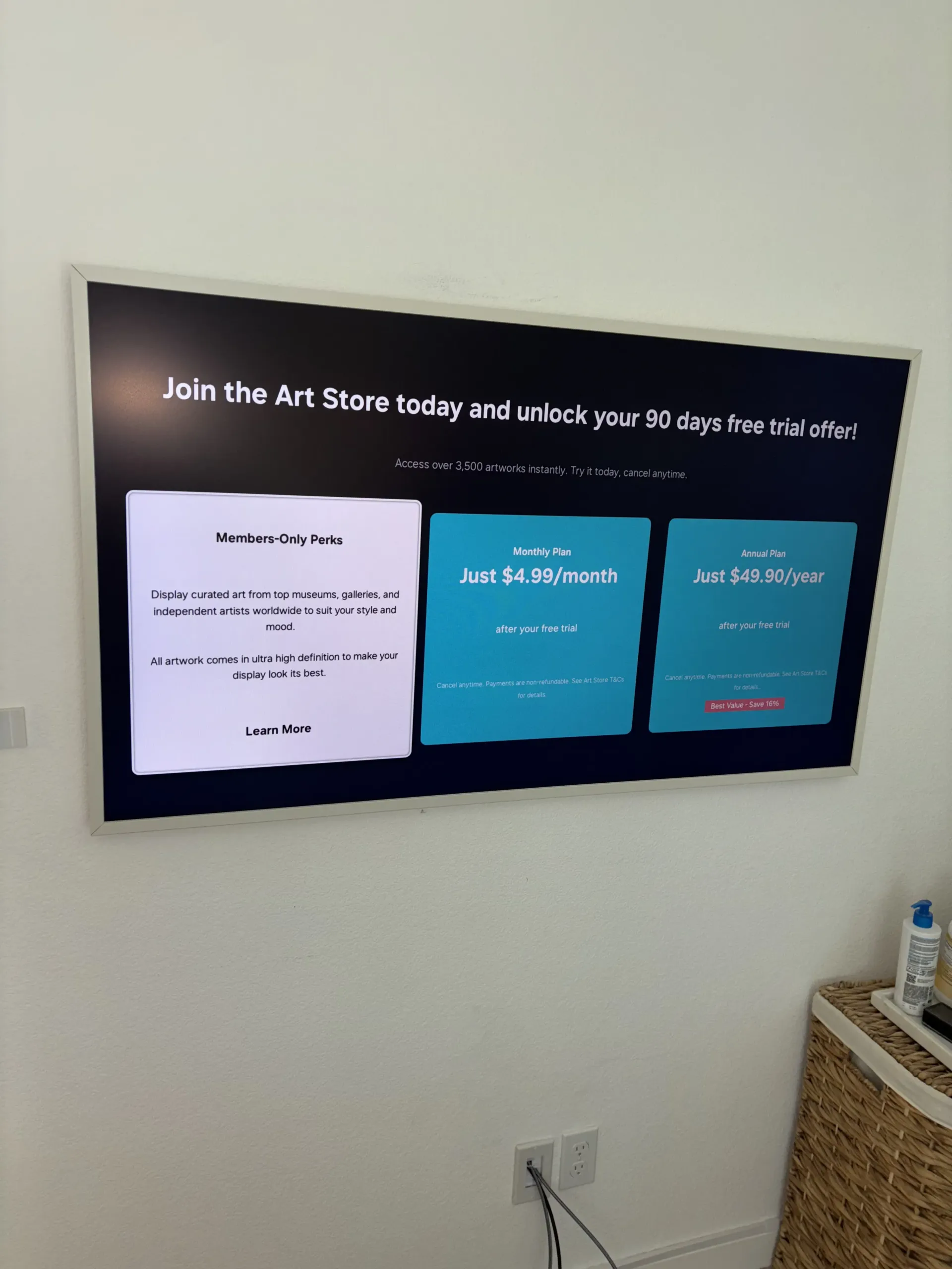 A Samsung Frame TV screen displays an offer to join the Art Store with subscription pricing options.
