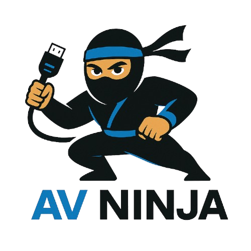 A cartoon ninja in black and blue gear crouching and holding a black AV cable, with the text "AV NINJA" below.