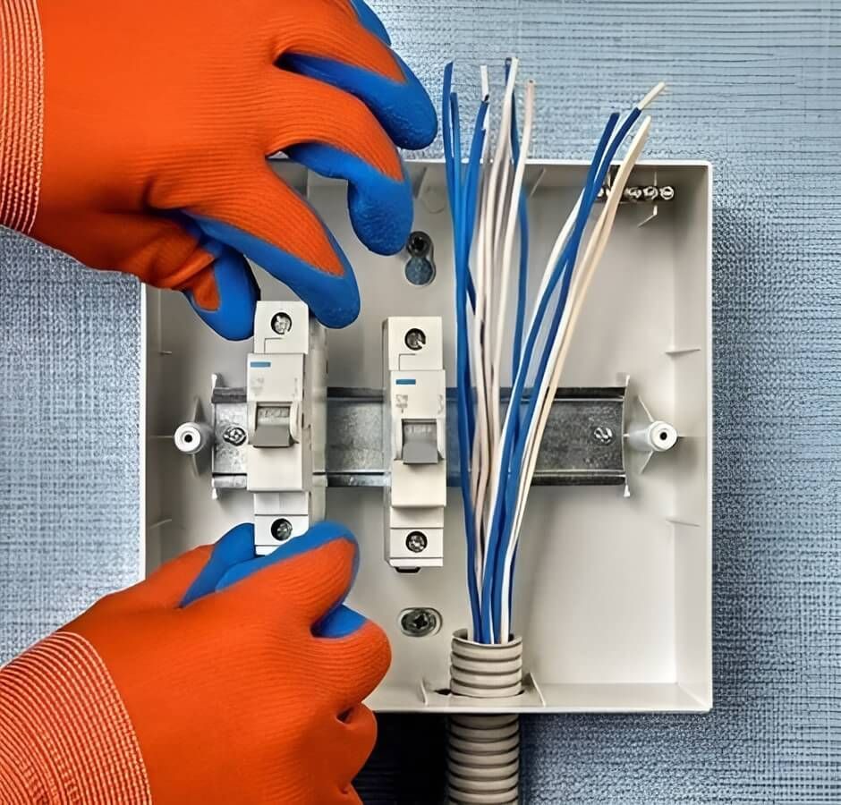 A Person Wearing Orange Gloves is Working on an Electrical Box — DMC Electrical & Air Cooling Pty Ltd in Townsville City, QLD
