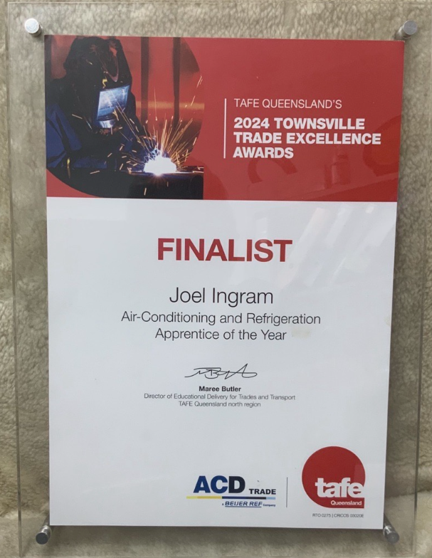 A Poster that says Finalist Joel Ingram Air Conditioning and Refrigeration Apprentice of the Year - DMC Electrical & Air Cooling Pty Ltd in Ayr, QLD