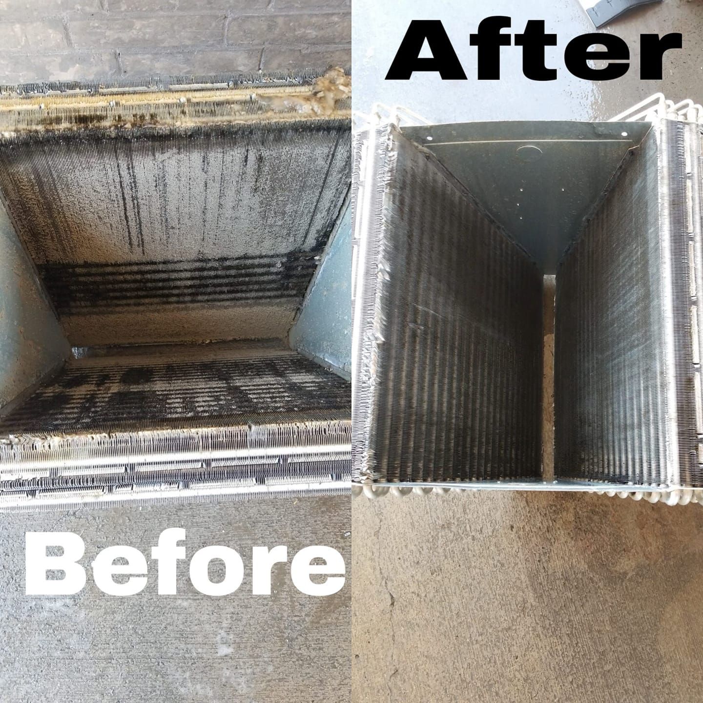 A before and after picture of a duct that has been cleaned