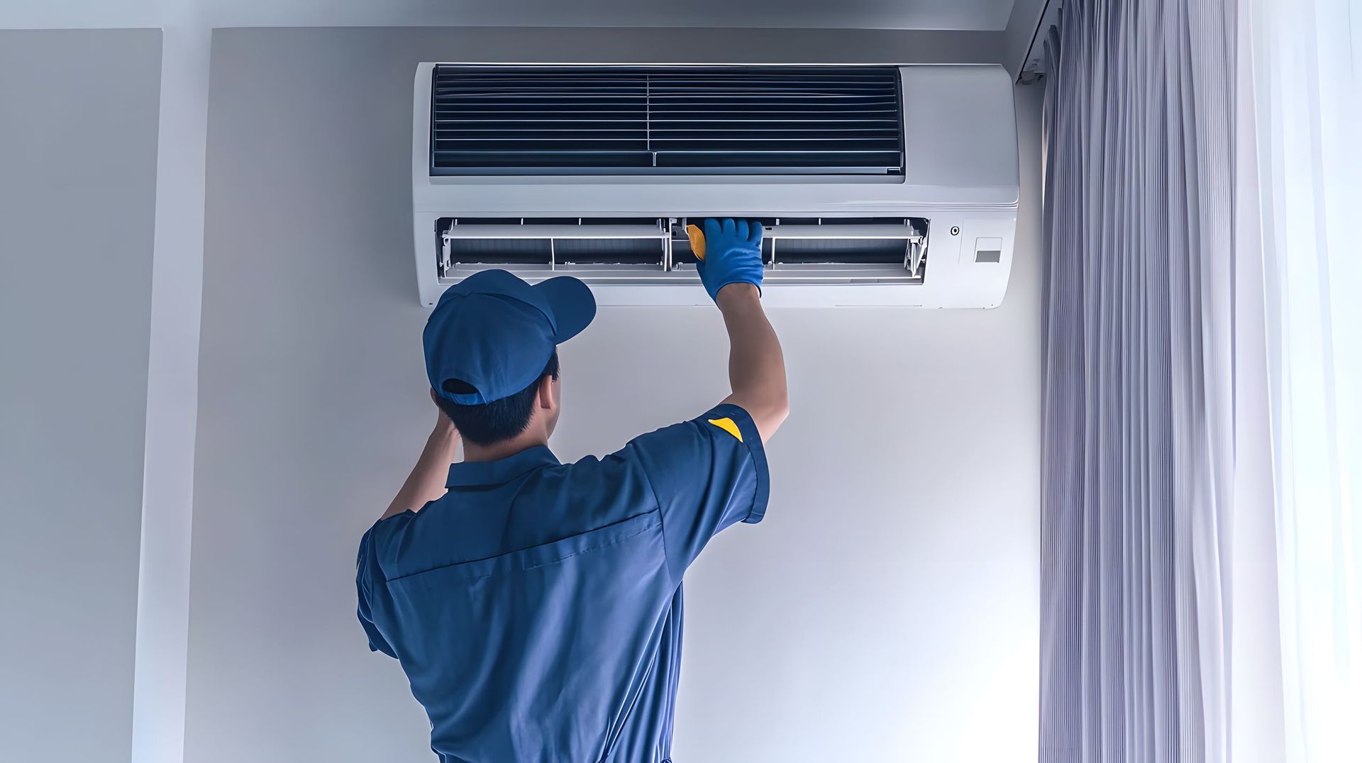 A man is working on an air conditioner in a room.