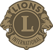 The logo for the lions international club is brown and has two lions on it.