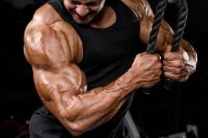A muscular man is lifting a rope in a gym.