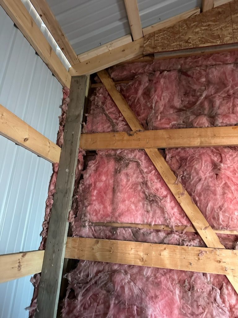 Interior of a building with pink insulation between wooden beams and metal siding.
