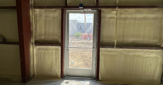 Interior view of a building's doorway, with spray foam insulation on the walls. The door is closed, with an exterior view beyond it.