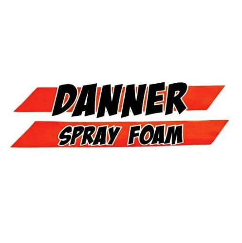 Logo for Danner Spray Foam in black and white text on a red background.
