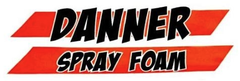 Logo for Danner Spray Foam in black letters with a white outline on an orange background.
