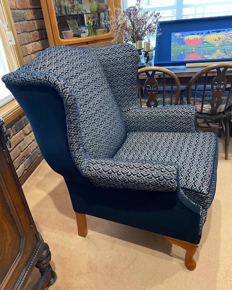 Wingback Armchair with Patterned Cushion — Metreson Upholstery In Unanderra, NSW