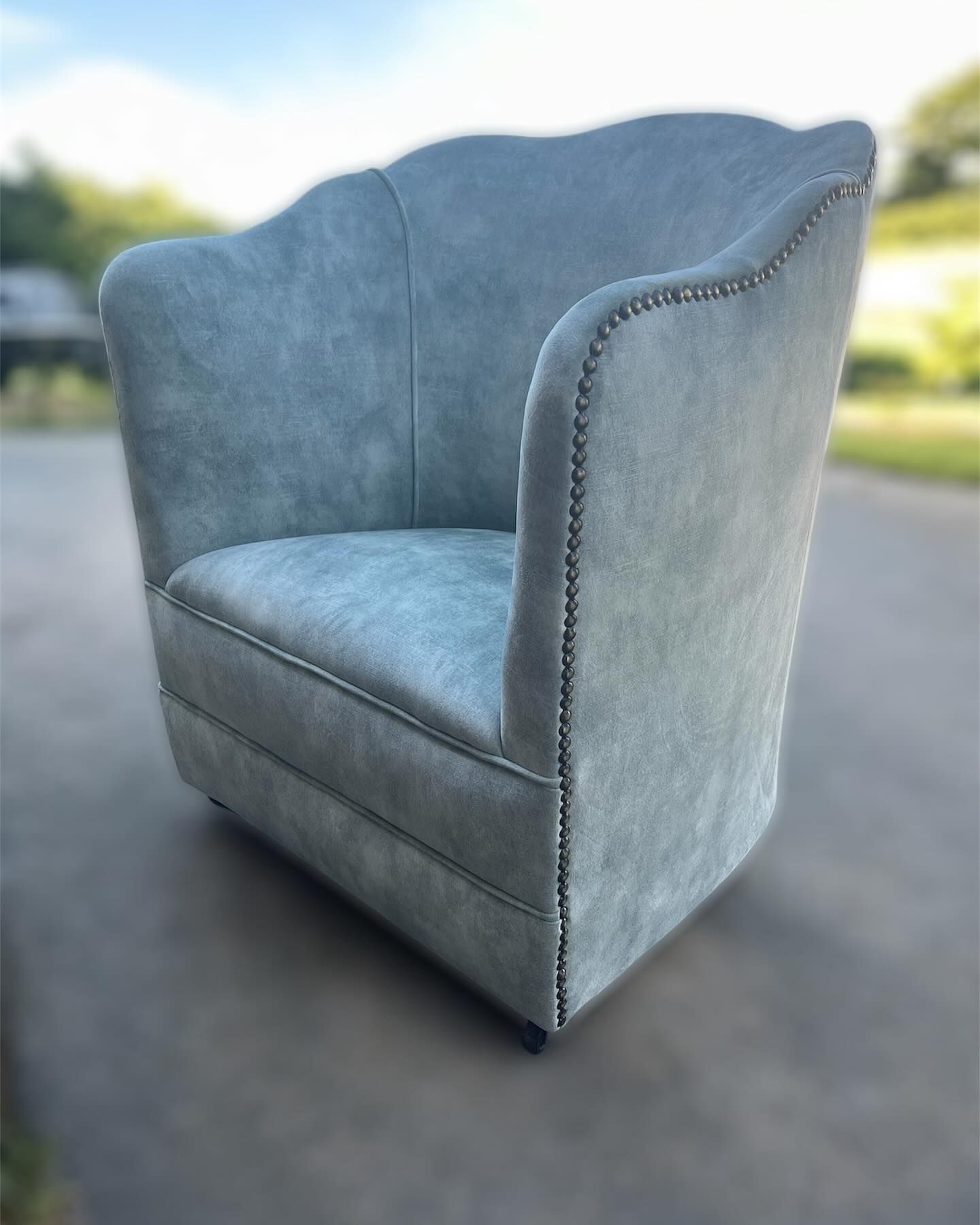 Light Blue Upholstered Armchair with Decorative Nailhead — Metreson Upholstery In Unanderra, NSW