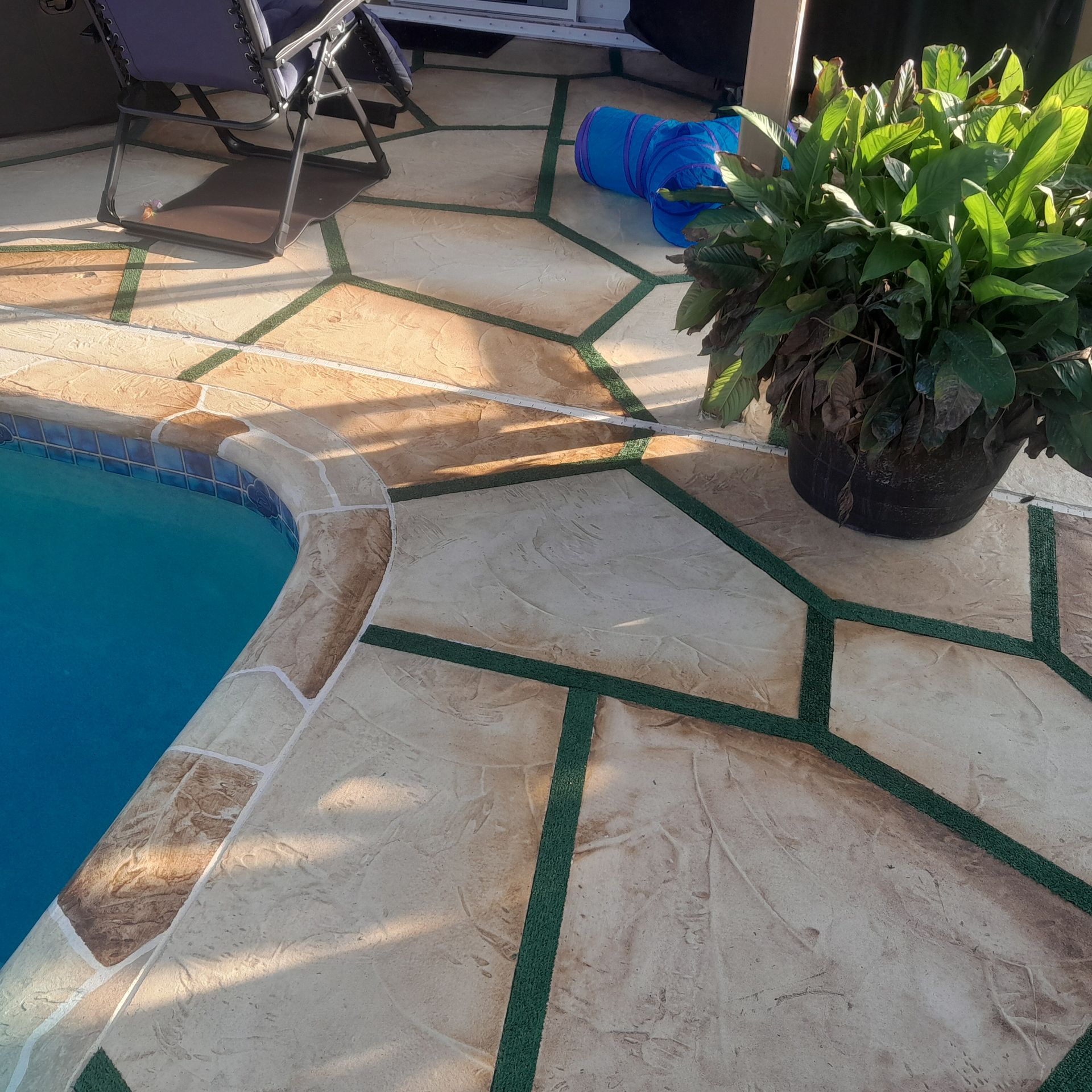 Patio with a decorative stone design around a pool, featuring a plant and chair in Parkland FL
