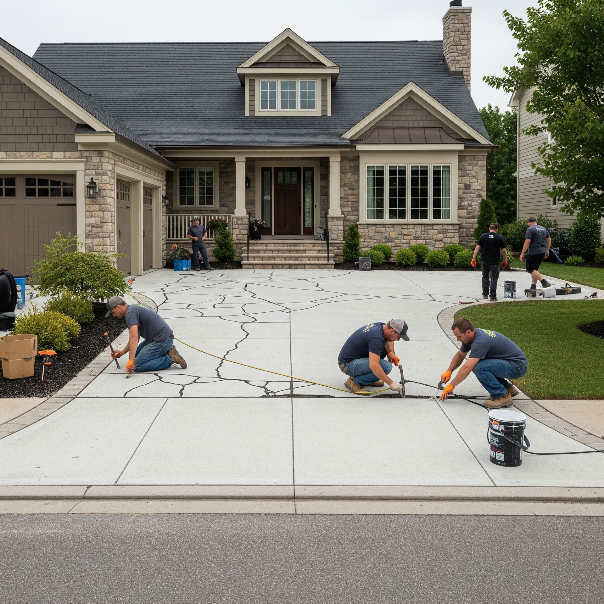 Three men are working on a driveway in front of a house