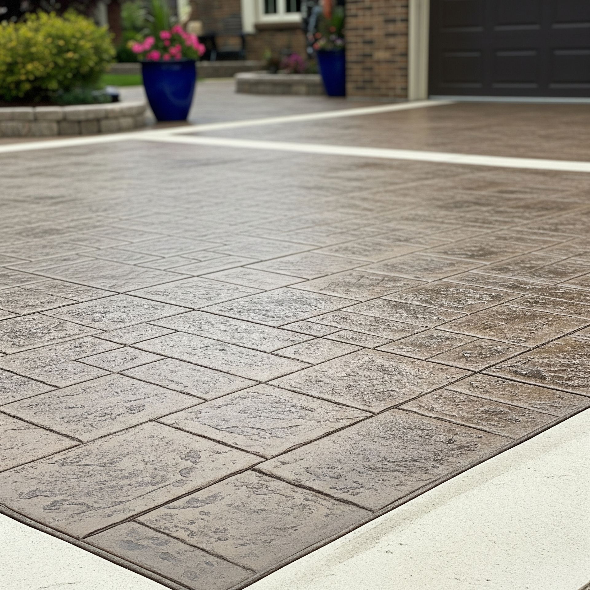A brick driveway with a garage door in the background