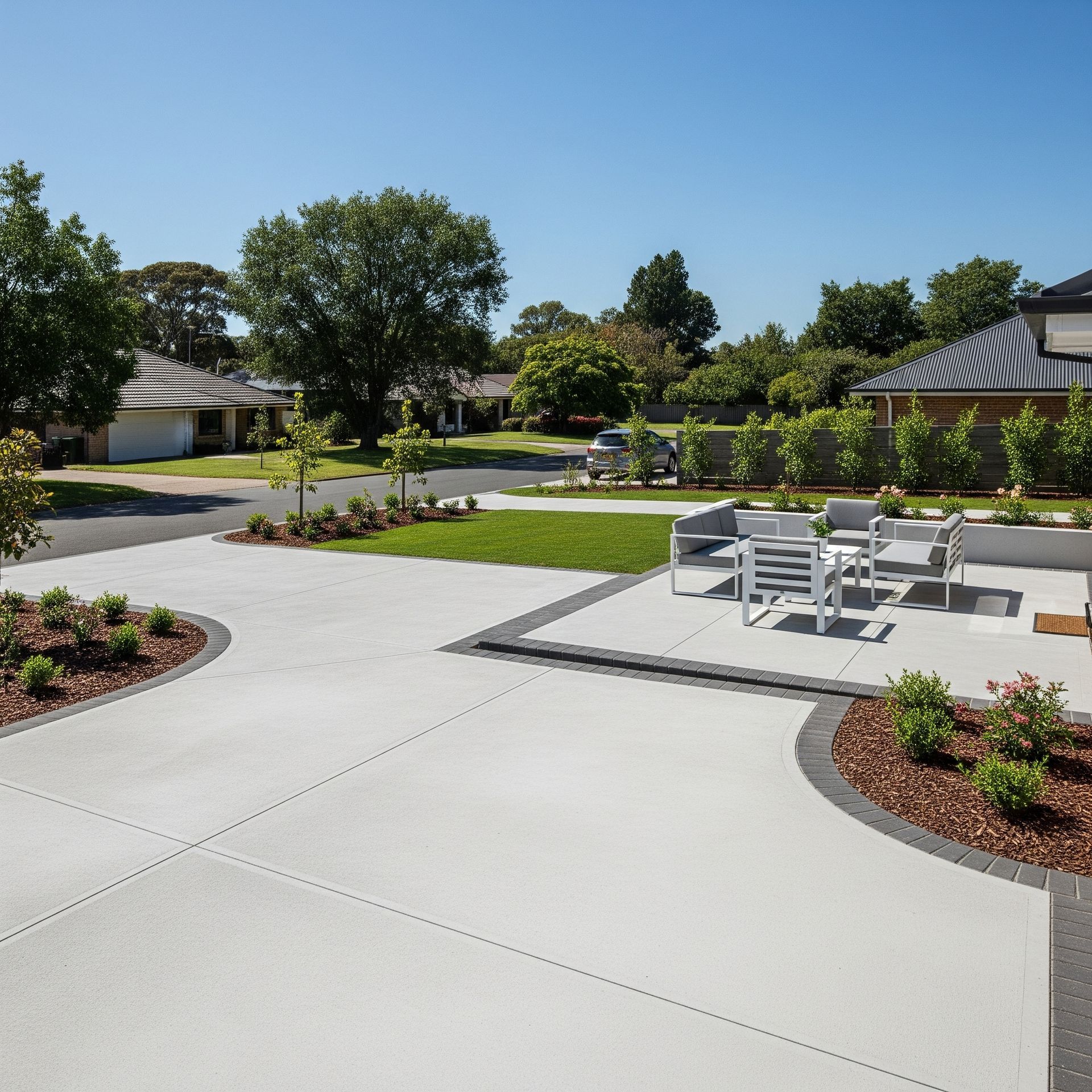 A driveway with a table and chairs in it