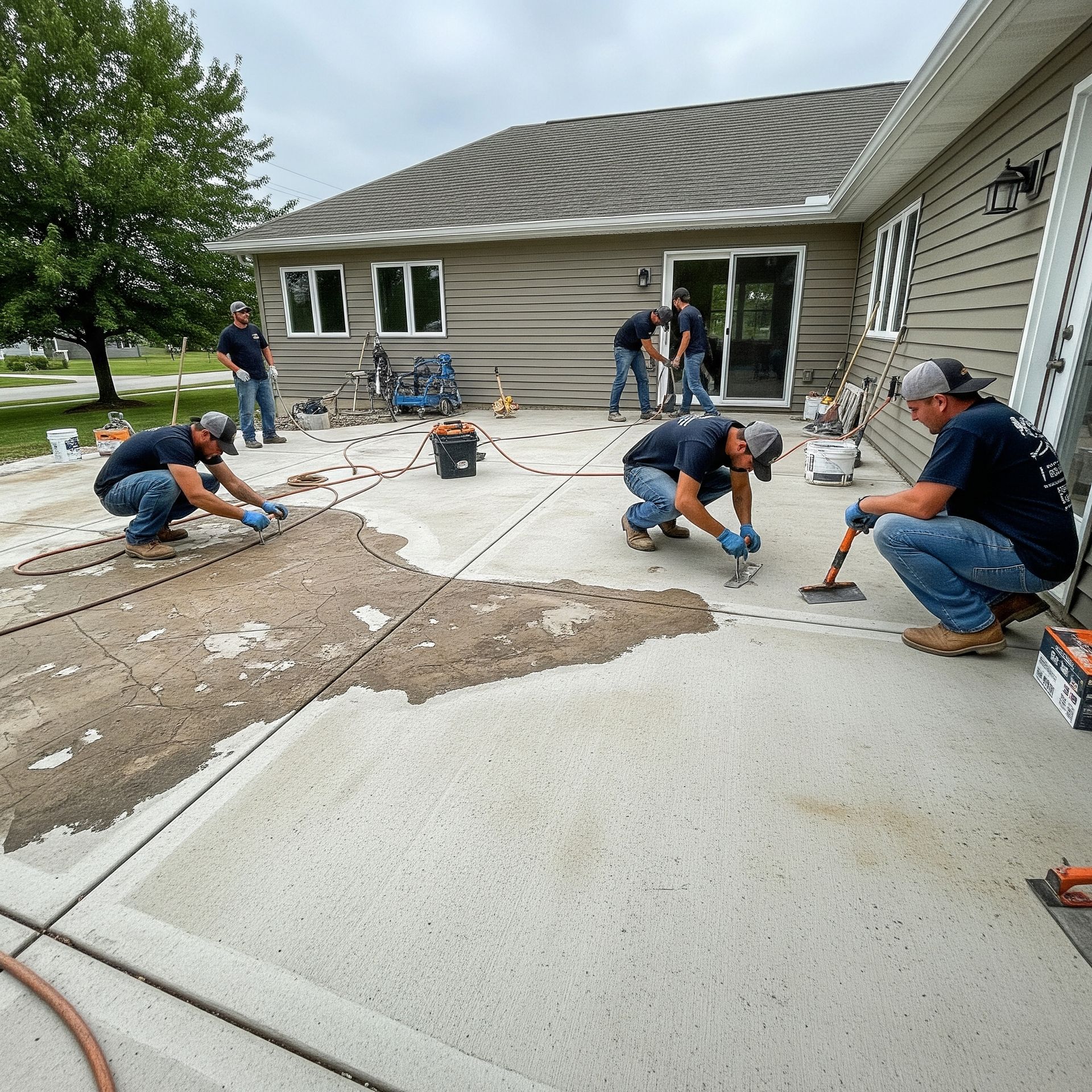 A group of men are working on a concrete patio in front of a house.