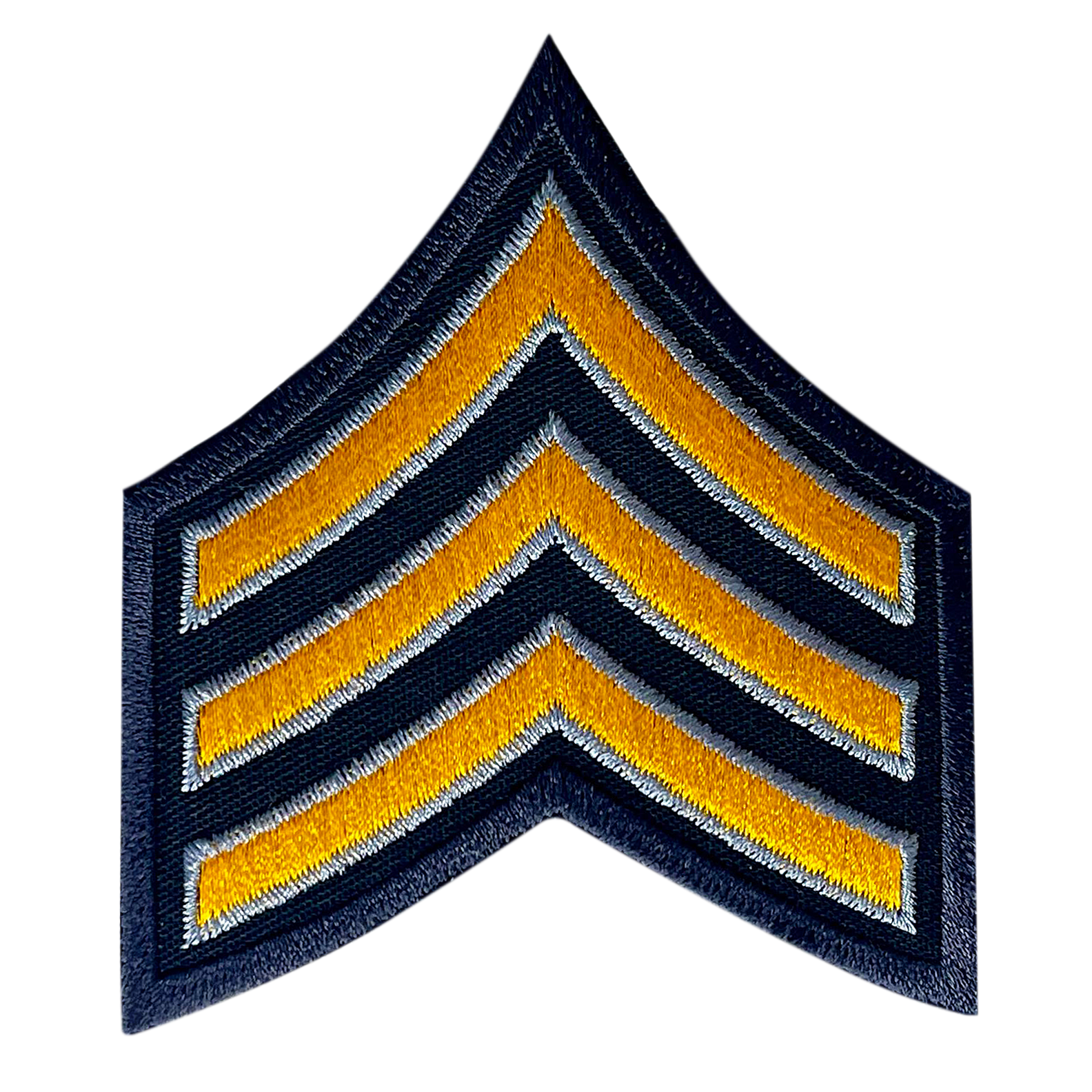 A black and yellow chevron patch on a white background