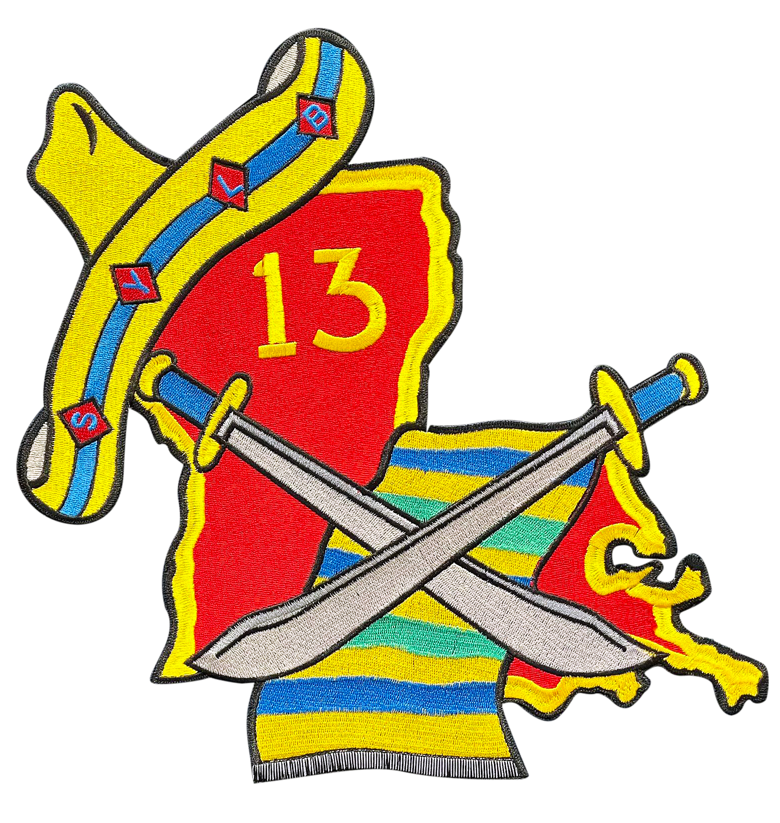A colorful patch with the number 13 on it