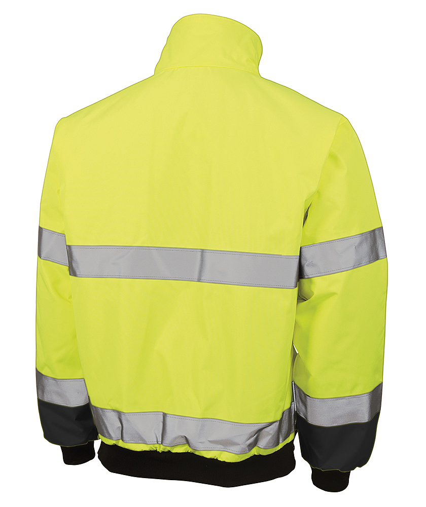 The back of a yellow safety jacket with reflective stripes