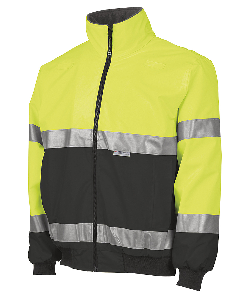 A yellow and black jacket with reflective stripes on the sleeves