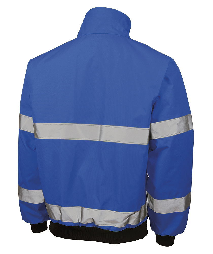 The back of a blue jacket with reflective stripes