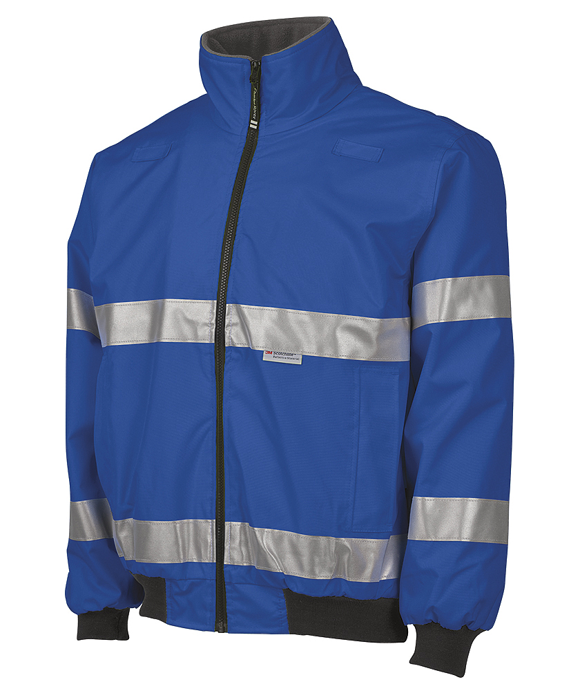 A blue jacket with reflective stripes on the sleeves