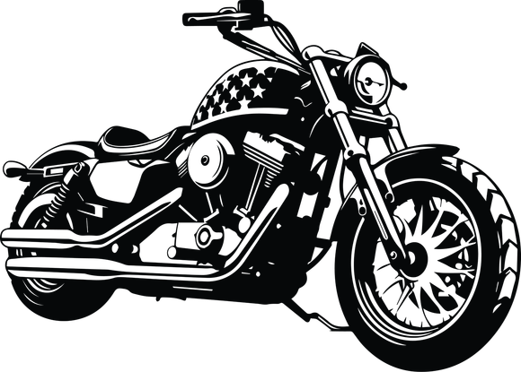 A black and white drawing of a motorcycle on a white background.