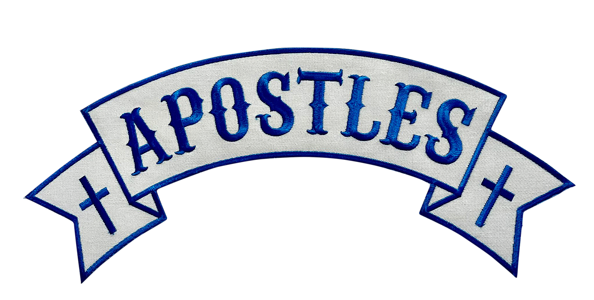 The word apostles is embroidered on a white ribbon with a cross.
