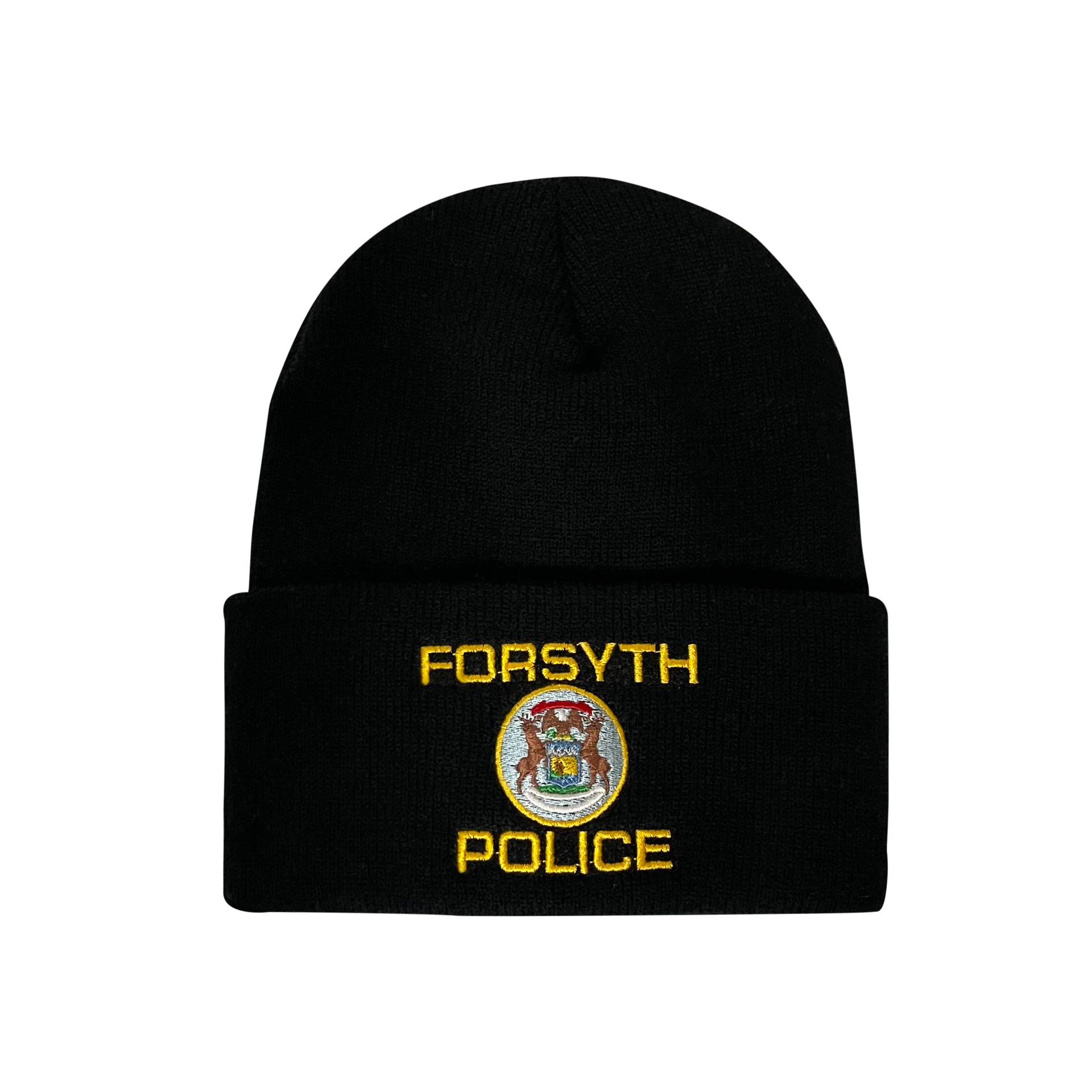 A black beanie with forsyth police embroidered on it
