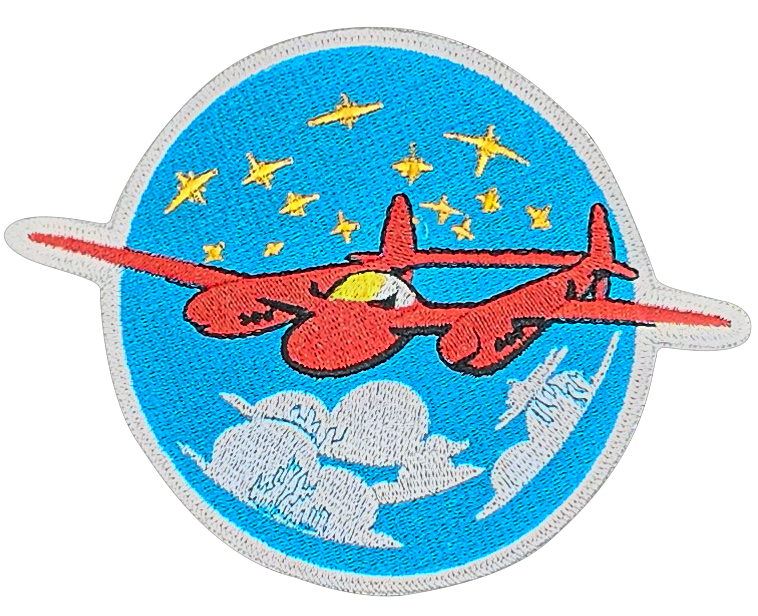 A red airplane is flying in a blue circle with stars in the background.