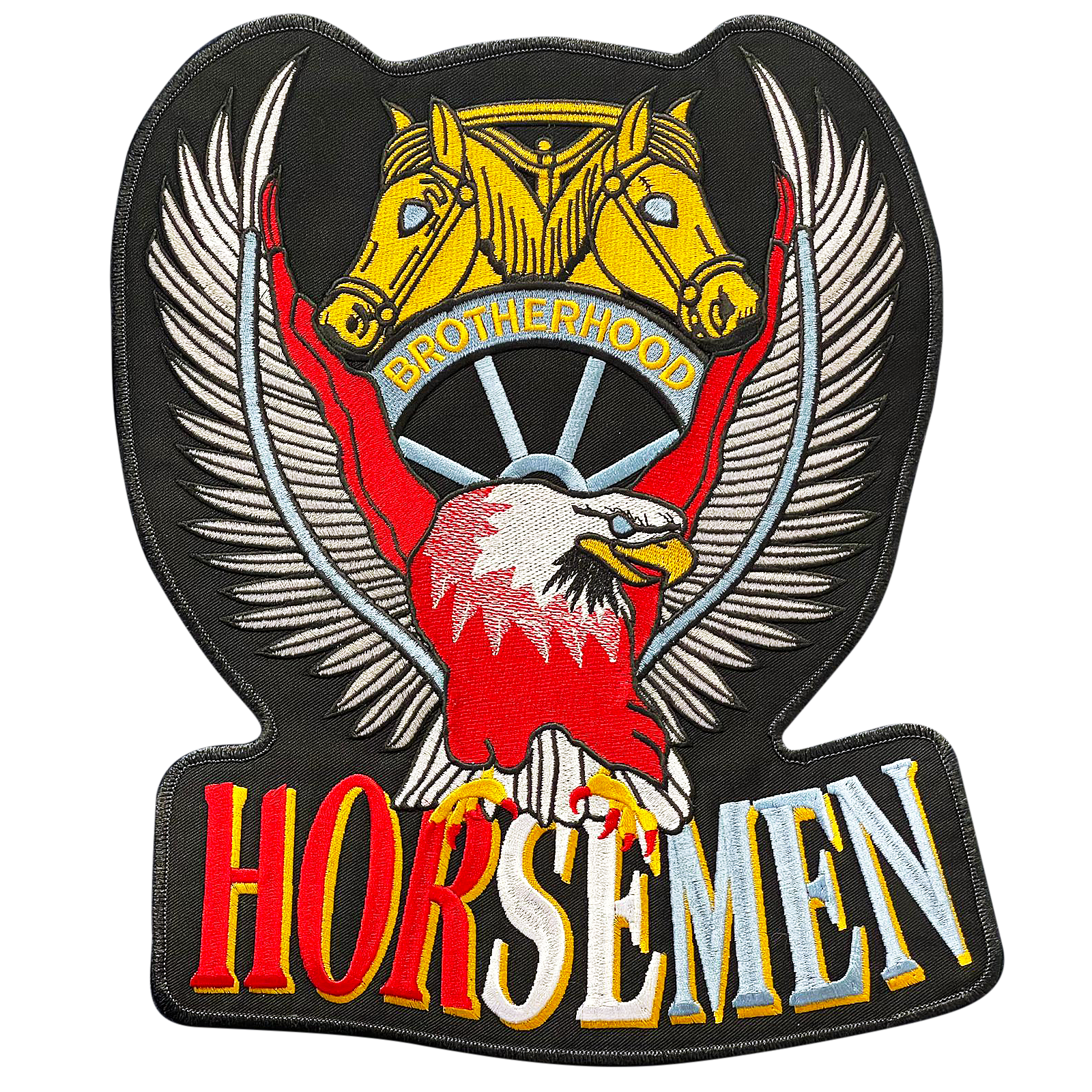 A horsemen patch with an eagle and horses on it
