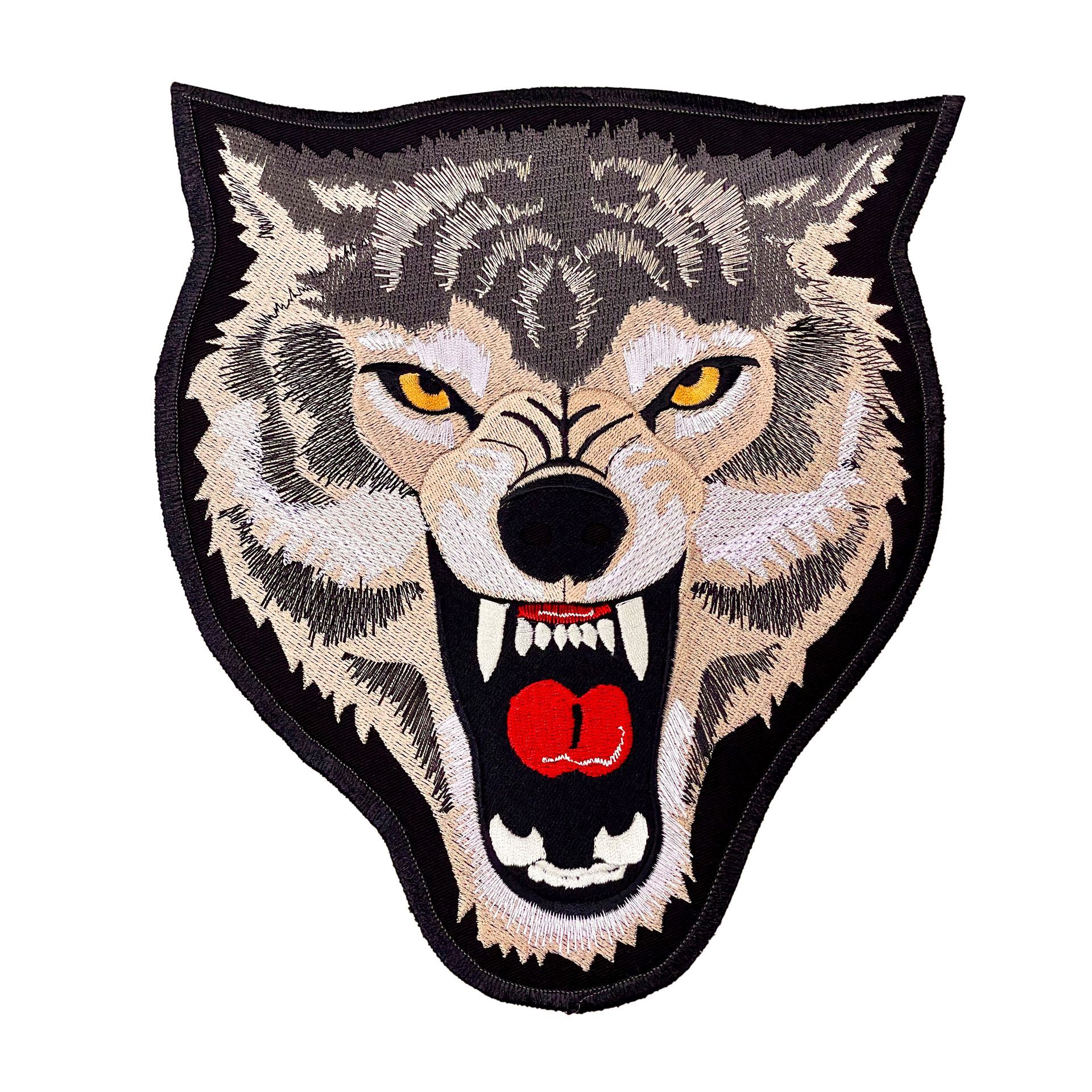 A patch of a wolf 's head with its mouth open