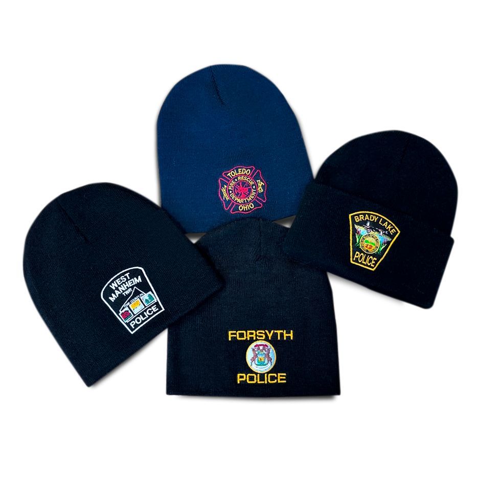 Four beanies with forsyth police embroidered on them