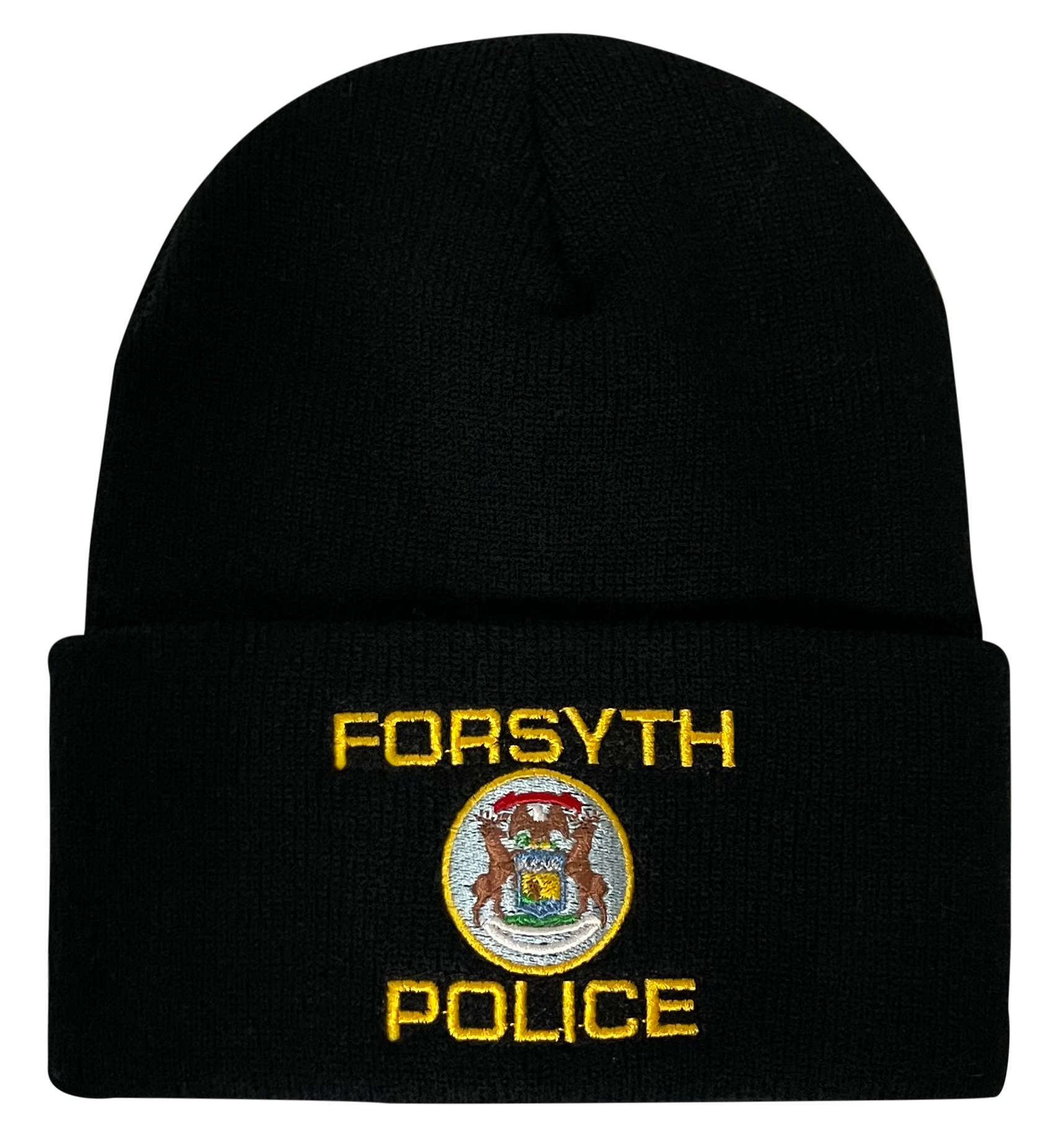 A black beanie with the words forsyth police embroidered on it