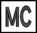 The letter mc is embroidered on a white background.