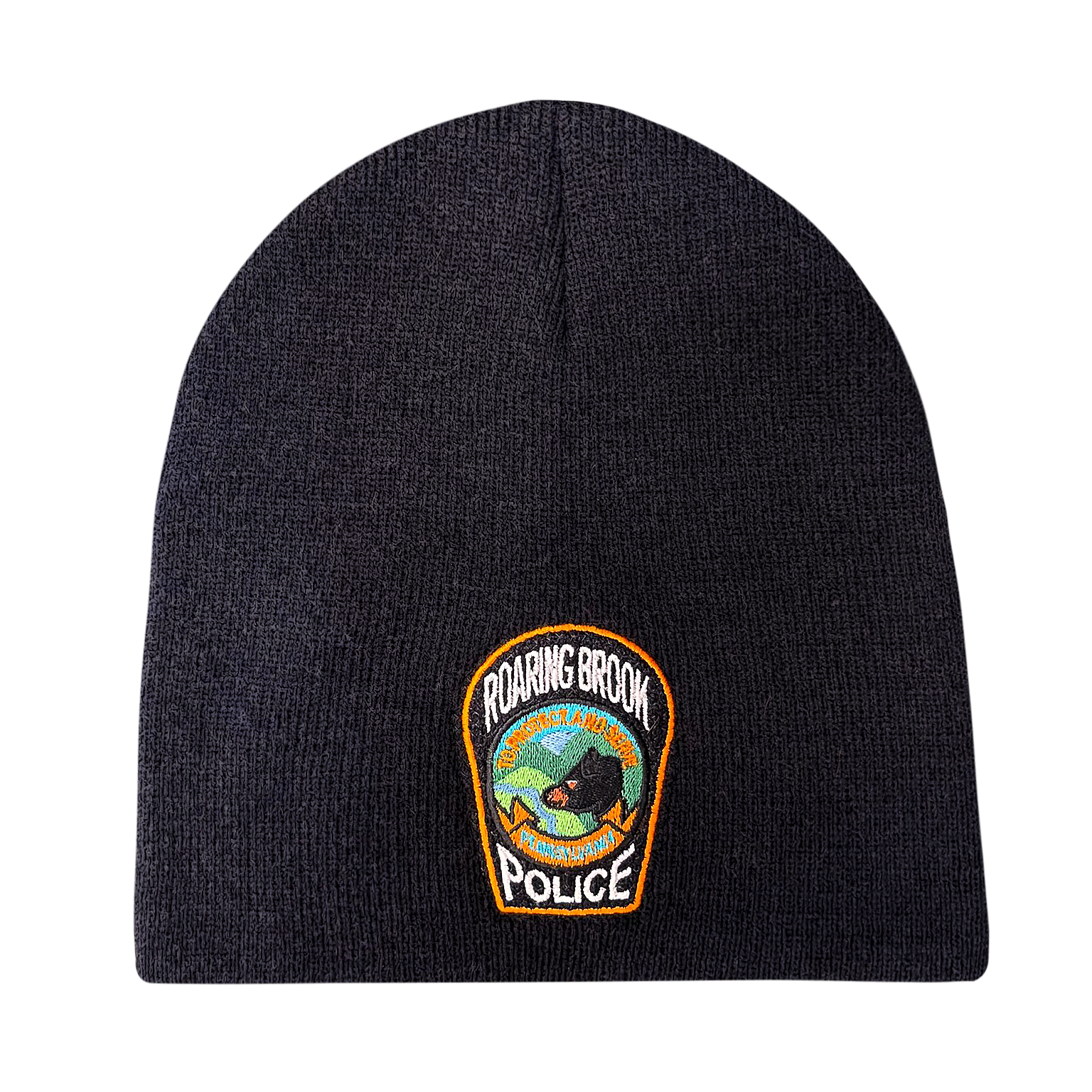 A black beanie with a patch on it that says police