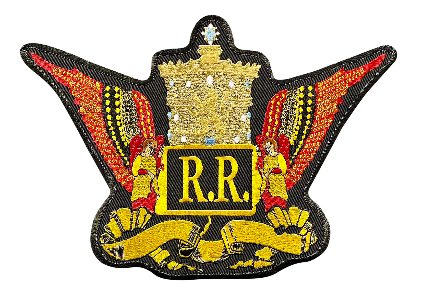 A patch with a crown and the word r.r. on it