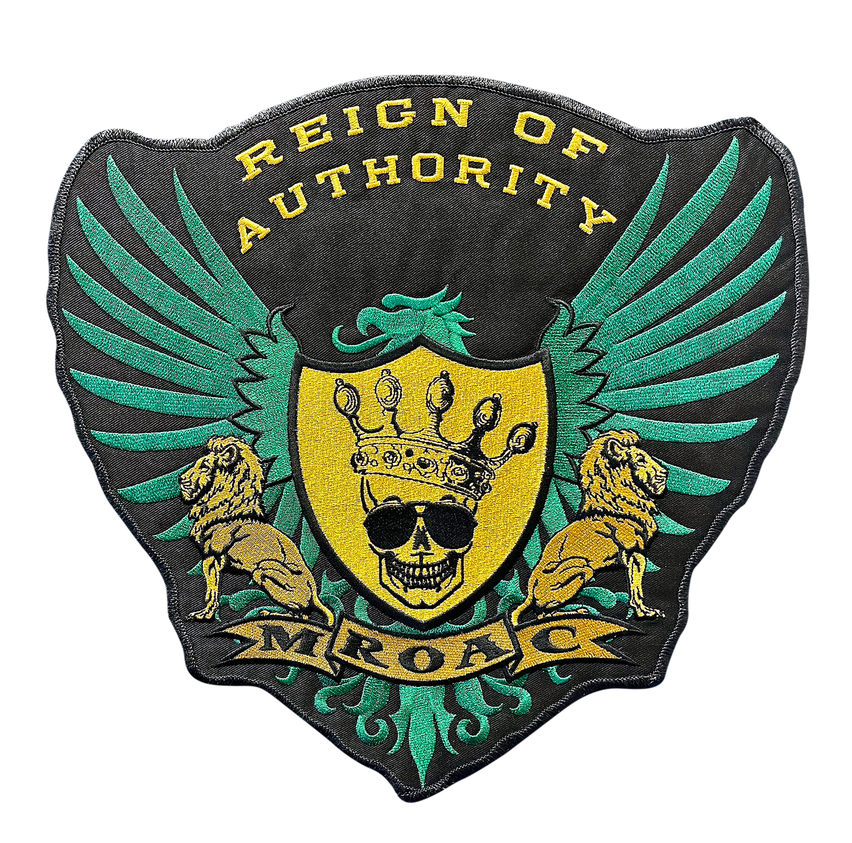A patch that says reign of authority on it